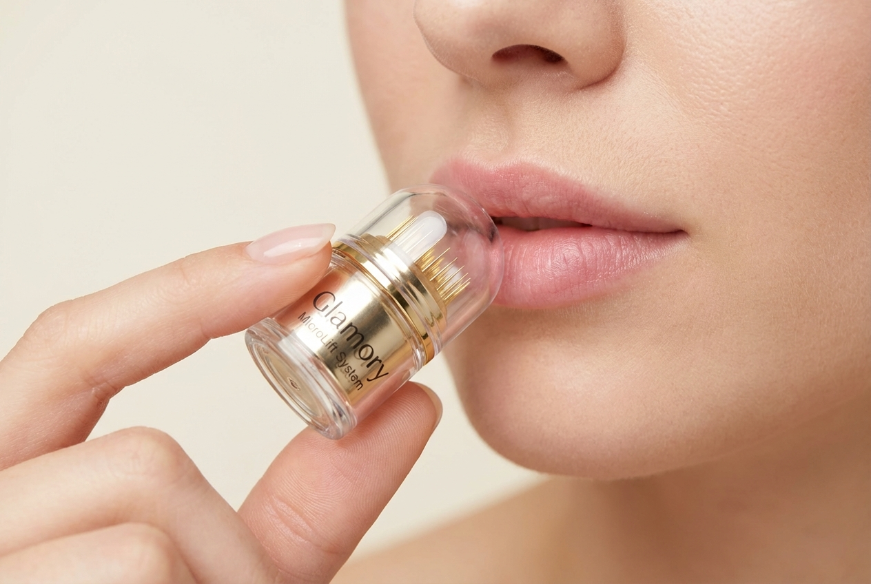 Woman applying the Glamory MicroLift device to her lips