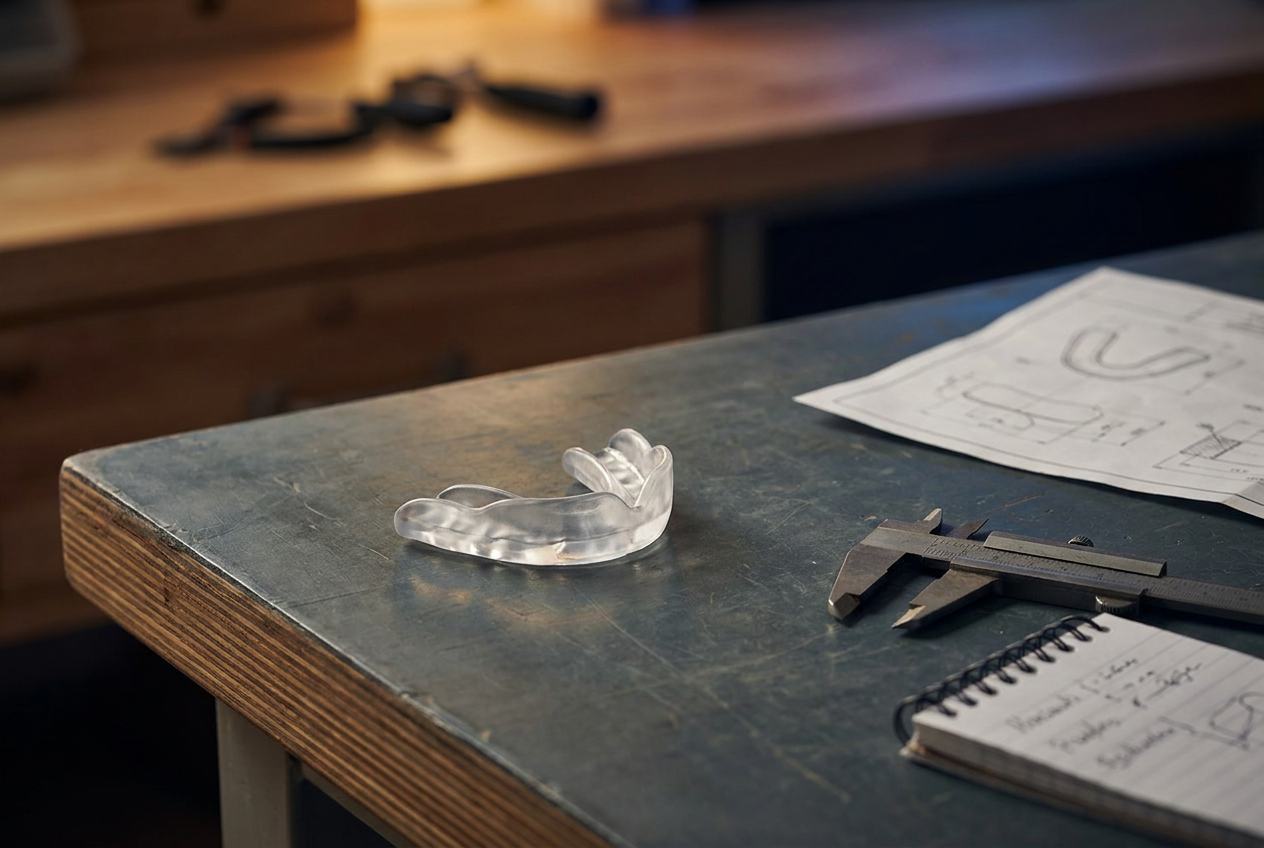 An adjustable anti-snoring mouthpiece on a workbench beside calipers, a notepad, and a printed spec sheet