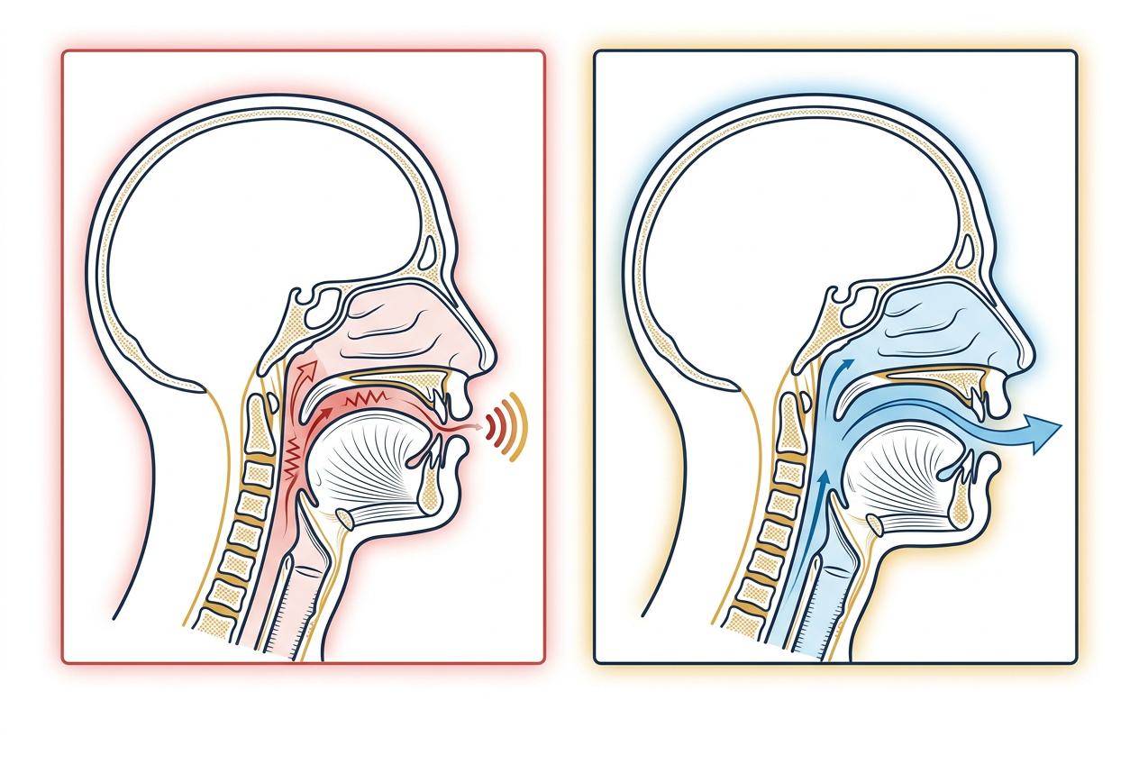 Cross-section diagram comparing a slack jaw with a narrowed airway against a jaw held forward with a clear airway