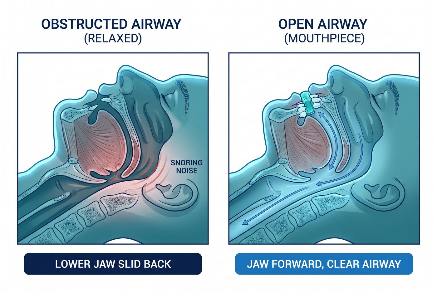 Cross-section showing a slack jaw crowding the airway beside a jaw held slightly forward with the airway open